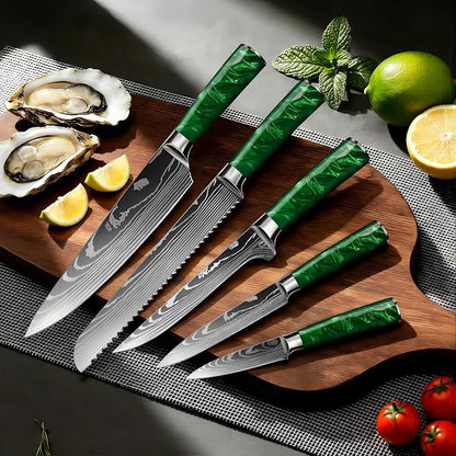 8-Piece Premium Japanese Kitchen Knife Set - Star Collection, Laser Damascus Pattern, 440A Stainless Steel Ultra Sharp for Fast Cutting (Green 8J)