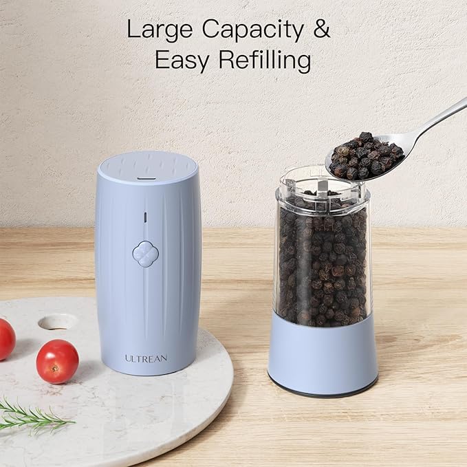 Ultrean Electric Salt and Pepper Grinder Set, USB-C Rechargeable, Salt and Pepper Shakers Spice Mill with 6 Adjustable Coarseness LED Light Larger Capacity, Kitchen Gadget, Gift for Women Mom, Blue