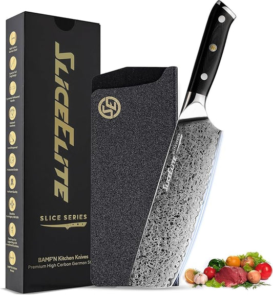 SliceElite Elite Series 7 Inch Santoku Knife VG10 Damascus Steel G10 Handle Dual Protection Cutting Kitchen Tool Sharp Vegetable Meat Chopping BBQ Chef Slicing Cleaver Cooking Camping Butcher Gift