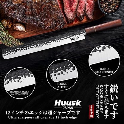 Huusk Japanese Brisket Carving Knife - 11" Slicing Knife for Meat Cutting Made by High Carbon Steel, Hand Forged Ultra Sharp Brisket Slicer with Wood Handle for BBQ Grilling Roast, Gift Idea for Men