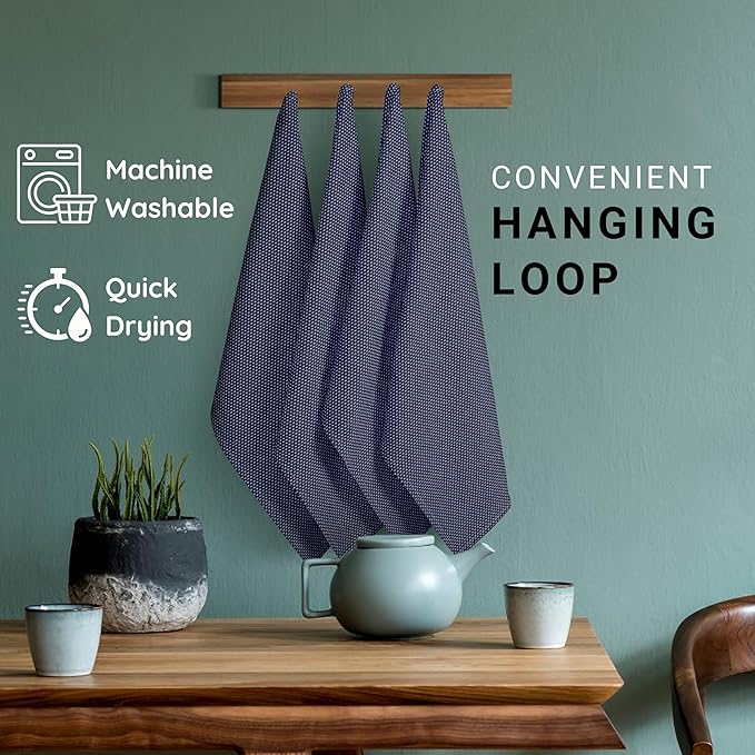 TWINY threads 6 Pack Kitchen Towels, 100% Cotton, 18x28 Inches, Highly Absorbent & Soft, Quick-Dry Dish Towel Set with Hanging Loop, Washcloth for Cleaning, Washable for Everyday Use - Navy Blue