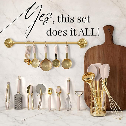 Styled Settings 23-Piece Beige and Gold Utensils Set – Silicone Nonstick Cooking Tools with Garlic Press, Can Opener, Measuring Cups, Utensil Holder – Luxury Kitchen Accessories for Modern Homes