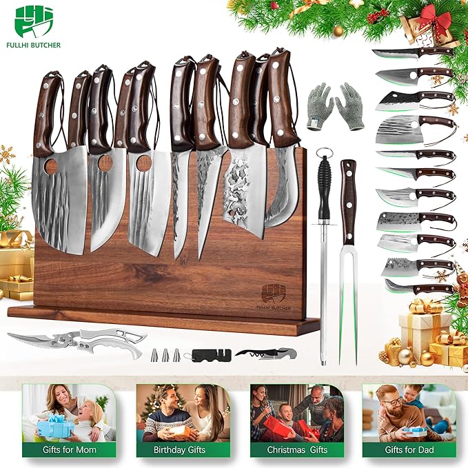 FULLHI 19pcs Butcher Chef Knife Block Set with Meat Fork Scissors Knife Holder, High Carbon Steel Full Tang Cleaver Kitchen Knife Set for Home, BBQ, Camping