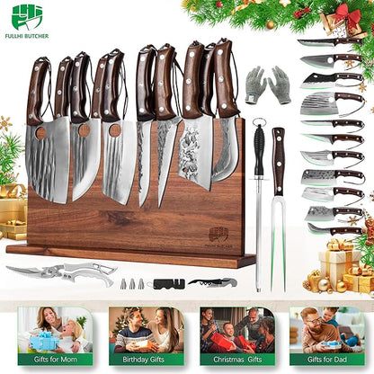 FULLHI 19pcs Butcher Chef Knife Block Set with Meat Fork Scissors Knife Holder, High Carbon Steel Full Tang Cleaver Kitchen Knife Set for Home, BBQ, Camping