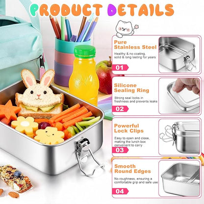 TeamFar Stainless Steel Bento Box, 2 Pack 28oz/850ml Metal Lunch Box with 3 Compartments for Adults Kids, Small Lunch Food Containers for School/Work/Meal Prep, Leak-Proof & Dishwasher Safe