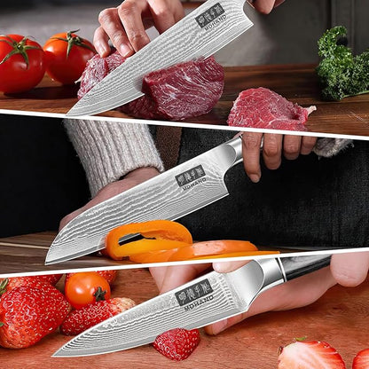 MDHAND Kitchen Knife Set, 3PCS Professional Chef Knife Set, VG10 Steel Knife Set with Pakkawood Handle, Ultra Sharp Knives Set for Cooking, Including Chef, Santoku & Paring Knife, Gifts for Men Women