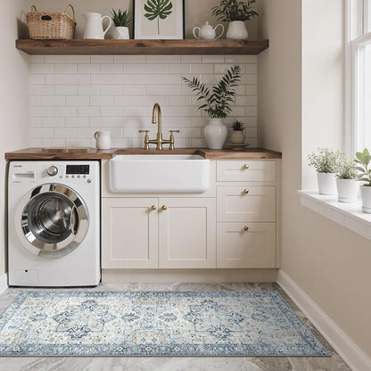 GENIMO Kitchen Rugs Non Slip Washable, 2PCS Kitchen Mats for Floor, Cushioned Standing Mat, Kitchen Runner Rug Floor Mat for Kitchen Decor, Laundry, Sink, Entryway, Home, 24"x36"+24"x72", Blue