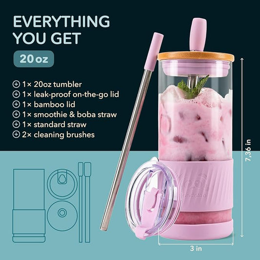 Pandaloo® Glass Cups With Lids and Straws -20 Fl Oz- Perfect Size Iced Coffee Cup - Smoothie Cup With Bamboo Lid and On the go Lid - Glass Tumbler With Straw (1 Count (Pack of 1), Lilac Rhapsody)