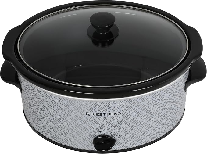 West Bend Slow Cooker 6-Quart Manual Crockery Style with Dishwasher Safe Oval Ceramic Crockpot and Glass Lid Two Temperature Settings Plus Keep Warm, 330-Watts, Silver