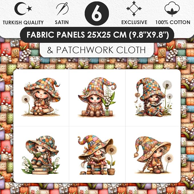 Patchwork Forest Girl Cotton Fabric Panel – Six 10×10 inch Designs + Bonus 29.5×19.6 inch Patchwork Sheet, 100% Turkish Cotton 140 GSM