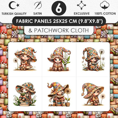 Patchwork Forest Girl Cotton Fabric Panel – Six 10×10 inch Designs + Bonus 29.5×19.6 inch Patchwork Sheet, 100% Turkish Cotton 140 GSM