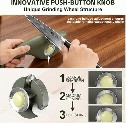 MAD SHARK 1-Button 3-Stage Knife Sharpener - Adjustable Diamond & Ceramic, No-Scratch ABS Body for Kitchen/Pocket Knives,Repairs, Sharpens & Polishes,One-Handed Operation with Non-Slip Base (Green）