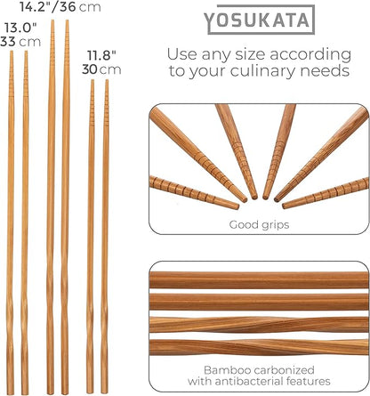 YOSUKATA Reusable Natural Wooden Long Cooking Chopsticks Set of 3 pairs: 11.8 inch, 13-inch, 14.2 inch Brown Long Wok Wooden Chopsticks Reusable | 11.8 inch, 13-inch, 14.2 inch Brown Long Wok Wooden Chopsticks Reusable