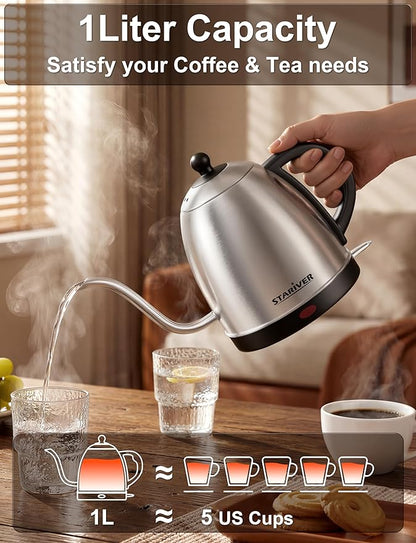Stariver Electric Kettle Gooseneck Kettle, 1L Water Boiler, BPA-Free, Pour Over Tea Pot Stainless Steel for Coffee & Tea with Fast Heating, Auto-Shut Off and Boil-Dry Protection Tech