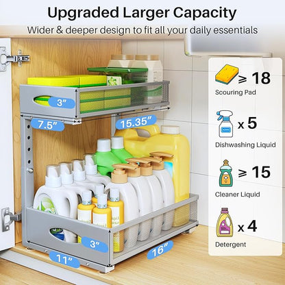 Under Sink Organizer, 2 Pack 2 Tier Pull Out Under Cabinet Organizer Shelf with Pad for Framed Cabinets, Metal Slide Out Under Sink Storage, Mesh Sliding Drawers for Kitchen Bathroom Laundry, Grey