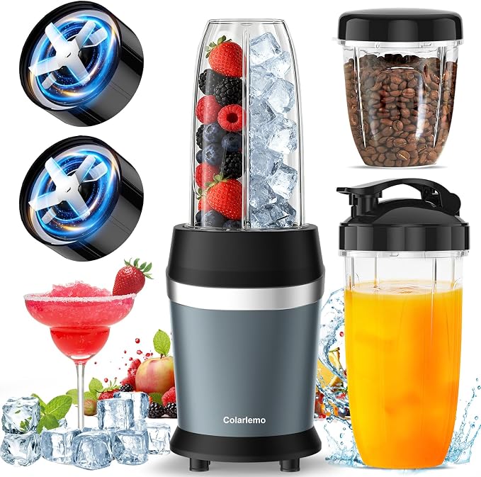 Colarlemo 12-Piece Smoothie Blender Maker 25,000 RPM Personal Blender for Ice Crushing Smoothies & Frozen Drinks Nuts with 23oz, 32oz, 37oz Portable Cups Two 6-Leaf Stainless Steel Blades, Ash Blue