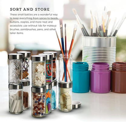 Kamenstein Clear Reusable 3 Oz Jars With Stainless Steel Shaker Lids, And Twist-On Caps For Airtight Seals 12 Pk