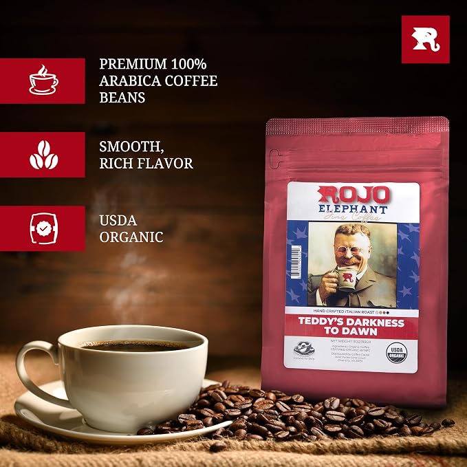 Rojo Elephant Caffeinated Ground Coffee, Single Origin Arabica Beans, Naturally Low Acid, Premium Ground Coffee (11 oz Bag) (Italian Roast -Teddy's Darkness to Dawn)