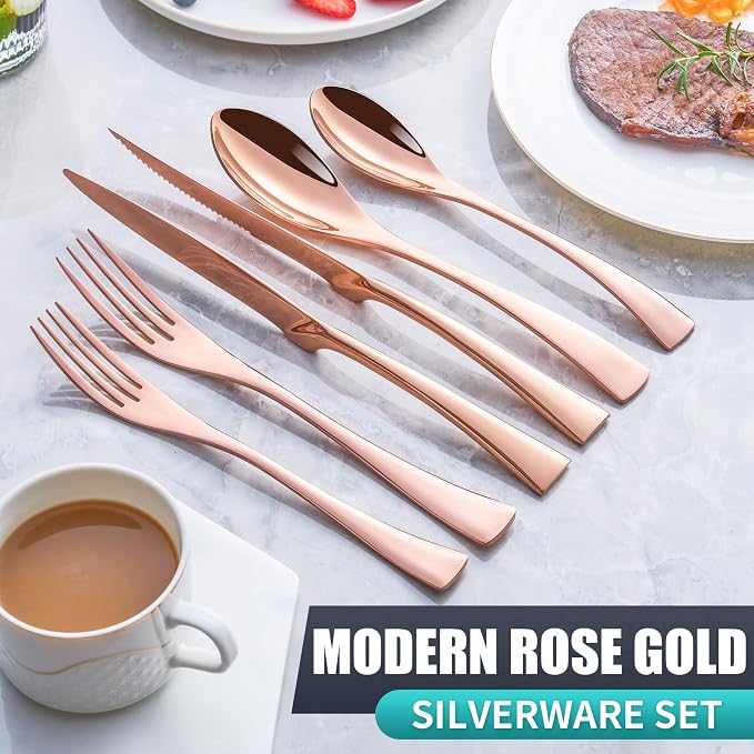 24 Pieces Rose gold Silverware Set with Steak Knives Service for 4,Modern 18/10 Stainless Steel Flatware Cutlery Set,Utensil Set for Home Restaurant Hotel,Mirror Polished,Dishwasher Safe