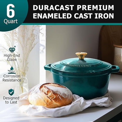 Mueller DuraCast 6 Quart Enameled Cast Iron Dutch Oven Pot with Lid, Sourdough Bread Baking, PFOA-Free, 500°F Oven Safe - All Cooktops incl. Induction, Braising & Slow Cooking, Emerald