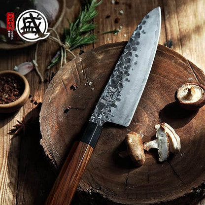 MITSUMOTO SAKARI 8 Inch Japanese Gyuto Chef Knife | Hand forged, 3-layer 9Cr18MoV steel, rosewood handle, sandalwood box, for meat, fish and vegetables