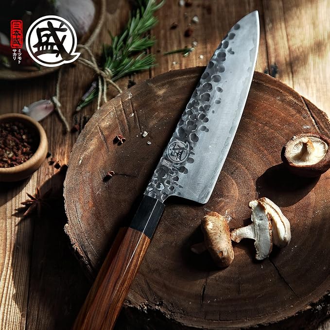 MITSUMOTO SAKARI 4-Piece Japanese Chef Knife Set, 9Cr18MoV Steel | Gyuto, Santoku, Nakiri and paring knives, 3-layer 9Cr18MoV steel, rosewood handles, sandalwood box
