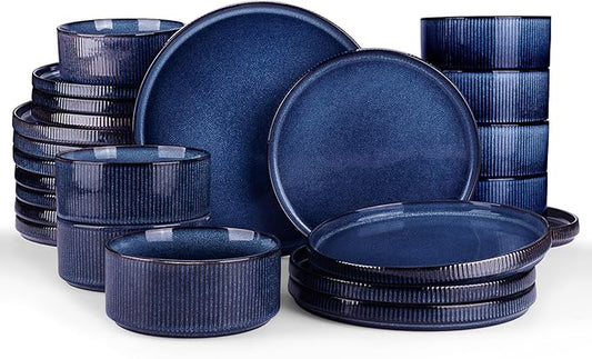 Famiware Star 24-Piece Plates and Bowls Set with Trim, Service for 8 - Stoneware Reactive Glaze Dinnerware, High Edge Ribbed Dishes, Chip & Scratch Resistant, Microwave & Dishwasher Safe, Nebulas Blue