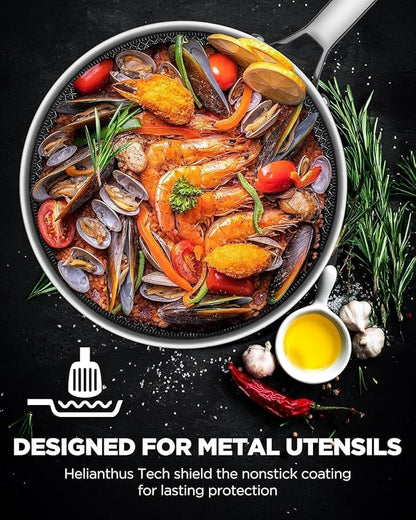 Roomena Non Stick Frying Pans Hybrid Ceramic With Lid, 12 Inch Tri-Ply Stainless Steel Skillet, Non-Toxic, PFAS/PFOA/PTFE Free, Metal Utensil Safe, Dishwasher & Oven Safe,Upgraded Design