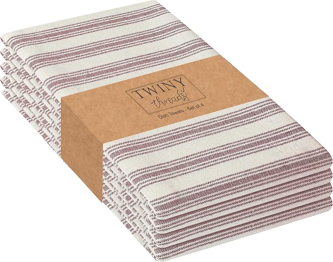 Twiny Threads Set of 4 Farmhouse Stripe Kitchen Towels (18x26 Inches) Premium Tea Towel with Hanging Loop, Highly Absorbent 100% Cotton Bulk Kitchen Hand Cloth for Drying Cleaning - Burgundy Wine