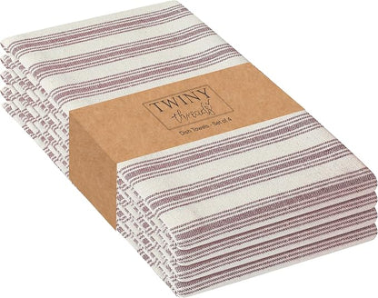 Twiny Threads Set of 4 Farmhouse Stripe Kitchen Towels (18x26 Inches) Premium Tea Towel with Hanging Loop, Highly Absorbent 100% Cotton Bulk Kitchen Hand Cloth for Drying Cleaning - Burgundy Wine
