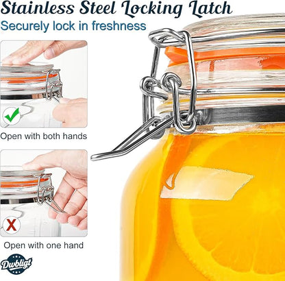 2 Packs 1 Gallon Glass Jars with Airtight Lids, Wide Mouth Mason Jars with Clip Top & Stainless Steel Handle & Silicone Base, Glass Storage Containers for Kitchen Storage, Pickling-Dual Scale