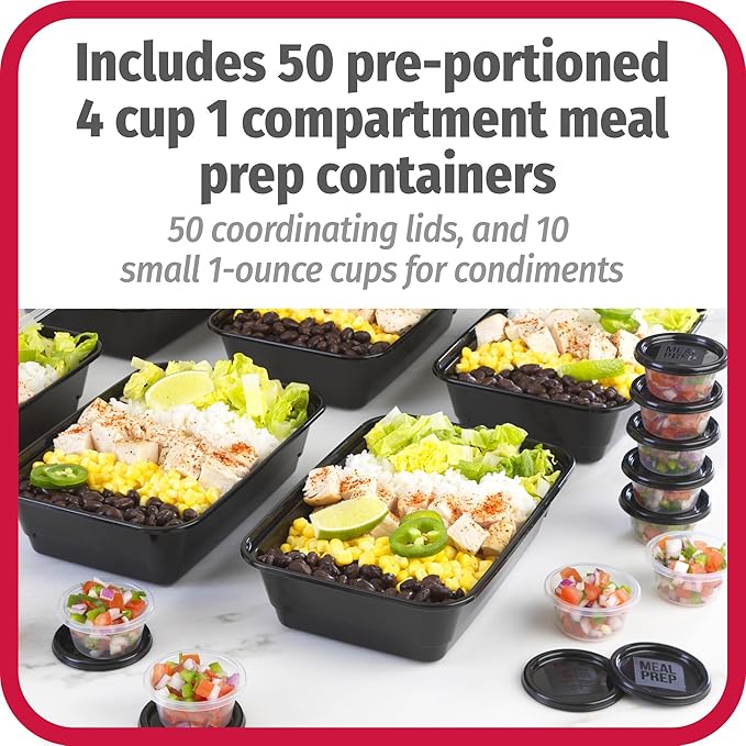 GoodCook Everyday Meal Prep 1‑Compartment Set with 50 Containers + 10 condiment cups with lids, made without BPA, Black