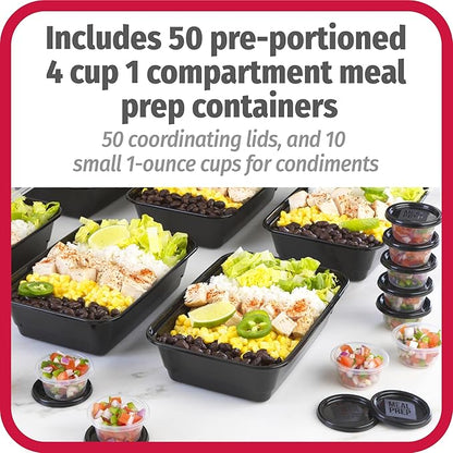 GoodCook Everyday Meal Prep 1‑Compartment Set with 50 Containers + 10 condiment cups with lids, made without BPA, Black