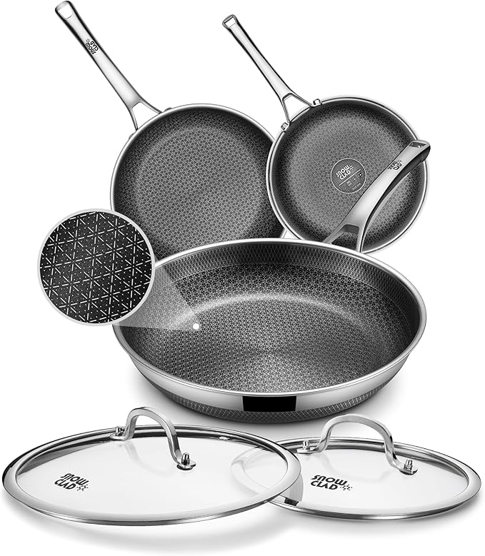 Non Stick Frying Pans, 8+10+12 inch with 2 Lid, Hybrid Frying Pans Set Nonstick,non stick Skillets Stainless Steel, Dishwasher & Oven-Safe, Induction Compatible Cooking Pan, PFOA Free Cookware