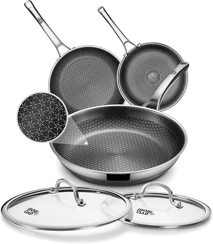 Non Stick Frying Pans, 8+10+12 inch with 2 Lid, Hybrid Frying Pans Set Nonstick,non stick Skillets Stainless Steel, Dishwasher & Oven-Safe, Induction Compatible Cooking Pan, PFOA Free Cookware