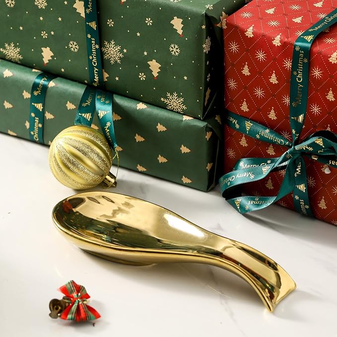 Ceramic Spoon Rest for Stove Top, Large 8.7 Inch Spoon Holder for Kitchen Counter, Porcelain Utensil Rest for Ladle, Spatula, Tongs, Housewarming Gift, Dishwasher Safe and Heat-Resistant, Gold(1 PC)