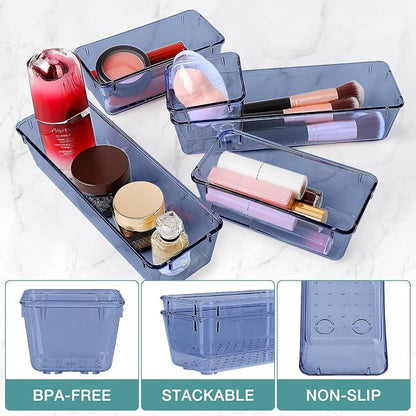 StorMiracle 23 PCS Drawer Organizer Set, 5 Varied Size Bathroom and kitchen Drawer cabinet organizer Trays, Clear Storage Bins for Makeup, Jewelry, Utensils and Gadgets, Dark Blue