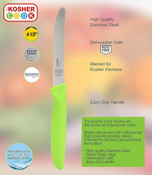 The Kosher Cook Parve Green Kitchen Knife – 4.5” Steak and Vegetable Knife - Razor Sharp Curved Tip, Straight Edge - Color Coded Kitchen Tools