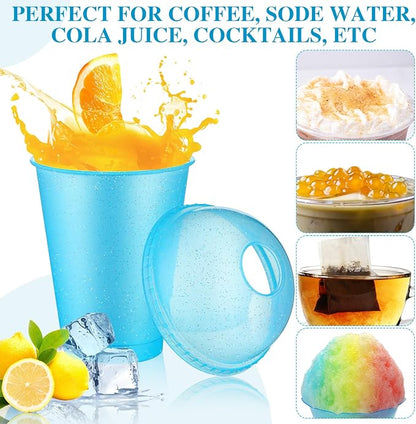 6 Set Slushie Cups with Dome Lids and Straws Detachable Spoon Straws Reusable Plastic Iced Coffee Cups Smoothie Tumbler for Birthdays Summer Party Supplies(Pastel Blue,16 oz)
