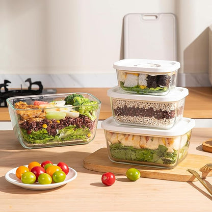 Glass Vacuum Seal Containers for Food Storamge, Vacuum Container with Time Recording Disk, 3 pcs set (S, M, L), BPA-FREE, Dishwasher, Freezer & Microwave Safe Works with Handheld Vacuum Sealer Machine