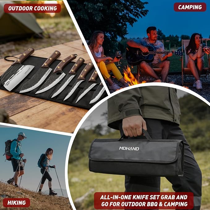 MDHAND Butcher Knife Set, Hand Forged Viking Kitchen Serbian Chef Knife Set with Roll Bag, Heavy Duty Meat Cleaver & Brisket Knives & Meat Cutting Knife for BBQ, Outdoor Camping, Gifts for Men Women