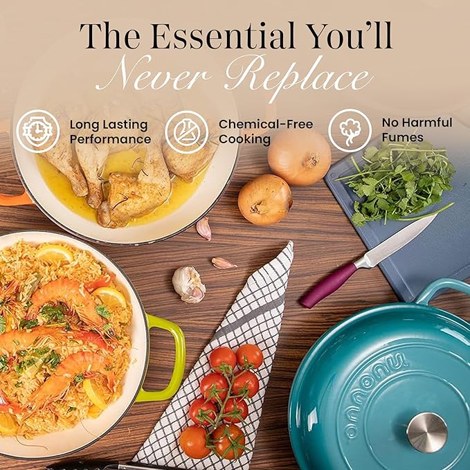 Shallow Cast Iron Casserole with Lid – Non Stick Dutch Oven Pot, Oven Safe up to 500° F – Sturdy Ovenproof Stockpot Cookware – Enamelled Cooking Pot – Black, 3.7-Quart, 30cm – by Nuovva