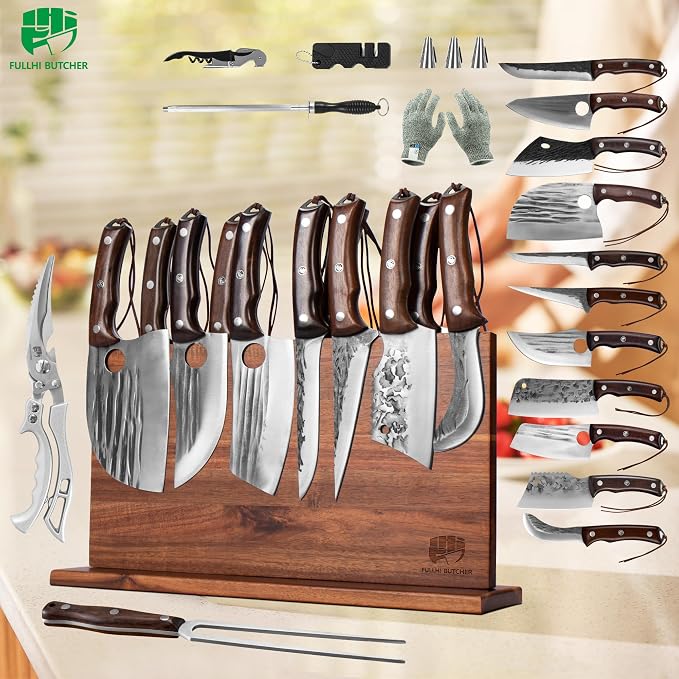 FULLHI 19pcs Butcher Chef Knife Block Set with Meat Fork Scissors Knife Holder, High Carbon Steel Full Tang Cleaver Kitchen Knife Set for Home, BBQ, Camping