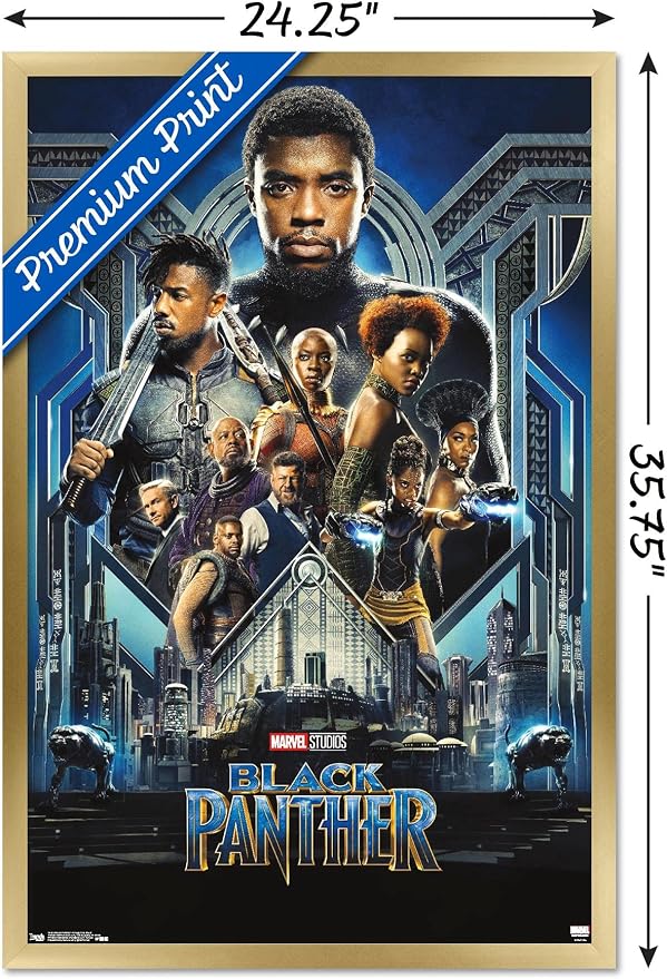 Trends International Marvel Cinematic Universe - Black Panther - Group One Sheet Wall Poster, 22.375" x 34", Gold Framed Version