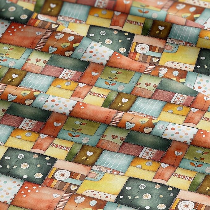 Patchwork Cotton Fabric Panel 61 x 36.6 Inches, Scandinavian Heart Pattern Quilt Style, Multicolor Rustic Design, 100% Cotton 140 GSM