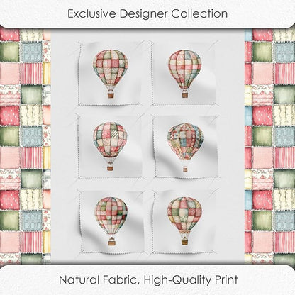 Patchwork Hot Air Balloon Cotton Fabric Panel – 6 Designs (10×10 inch Each) + Bonus Sheet 29.5×19.6 inch, 100% Cotton 140 GSM, Made in Türkiye
