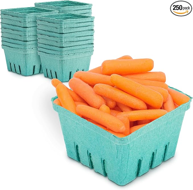 FMP Brands Molded Pulp Fiber Berry Basket Produce Vented Container for Fruit and Vegetable, Farmer Market, Grocery Stores and Backyard Party - [Pack of 250] - Quart, Green