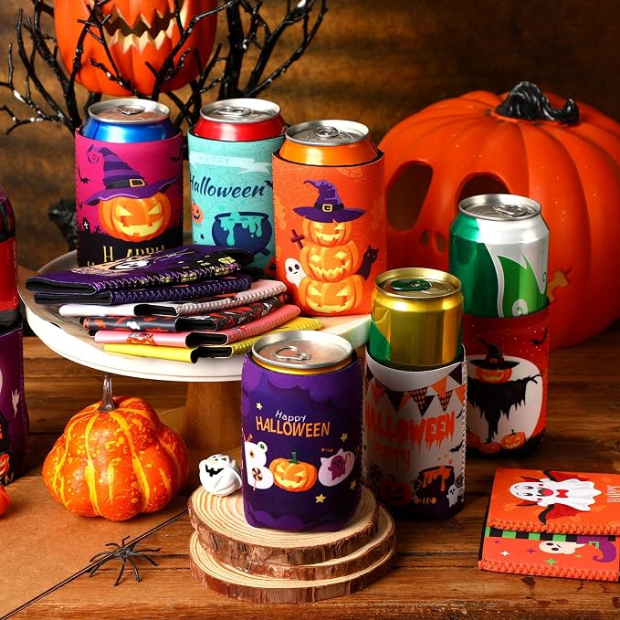 Halloween Can Cooler Sleeves, 18pcs 12 oz Cold Drinks Beer Drink Can Bottle Cooler Sleeves for Trick or Treat Party Favors Decorations Supplies