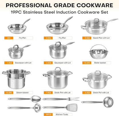 Duxtop Professional Stainless Steel Induction Cookware Set, 19PC Kitchen Pots and Pans Set, Heavy Bottom with Impact-bonded Technology