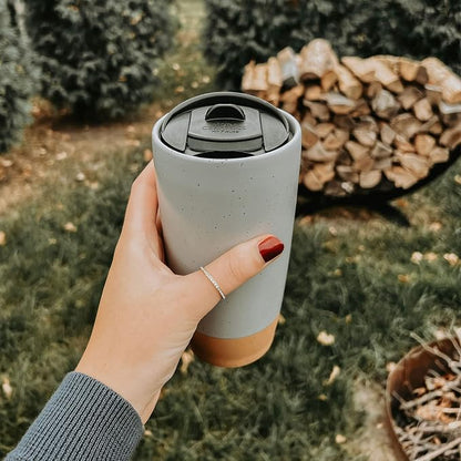 Mora Double Wall Ceramic Coffee Travel Mug with Lid, 14 oz, Portable, Microwave, Dishwasher Safe, Insulated Reusable Tall Cup, Splash Resistant Lid - To Go Tumbler for Car Cup Holder, Overcast Grey